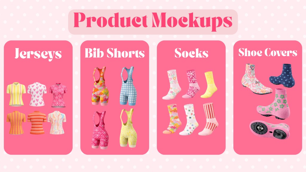 Product mockup slide with jerseys, bib shorts, socks, and shoe covers.