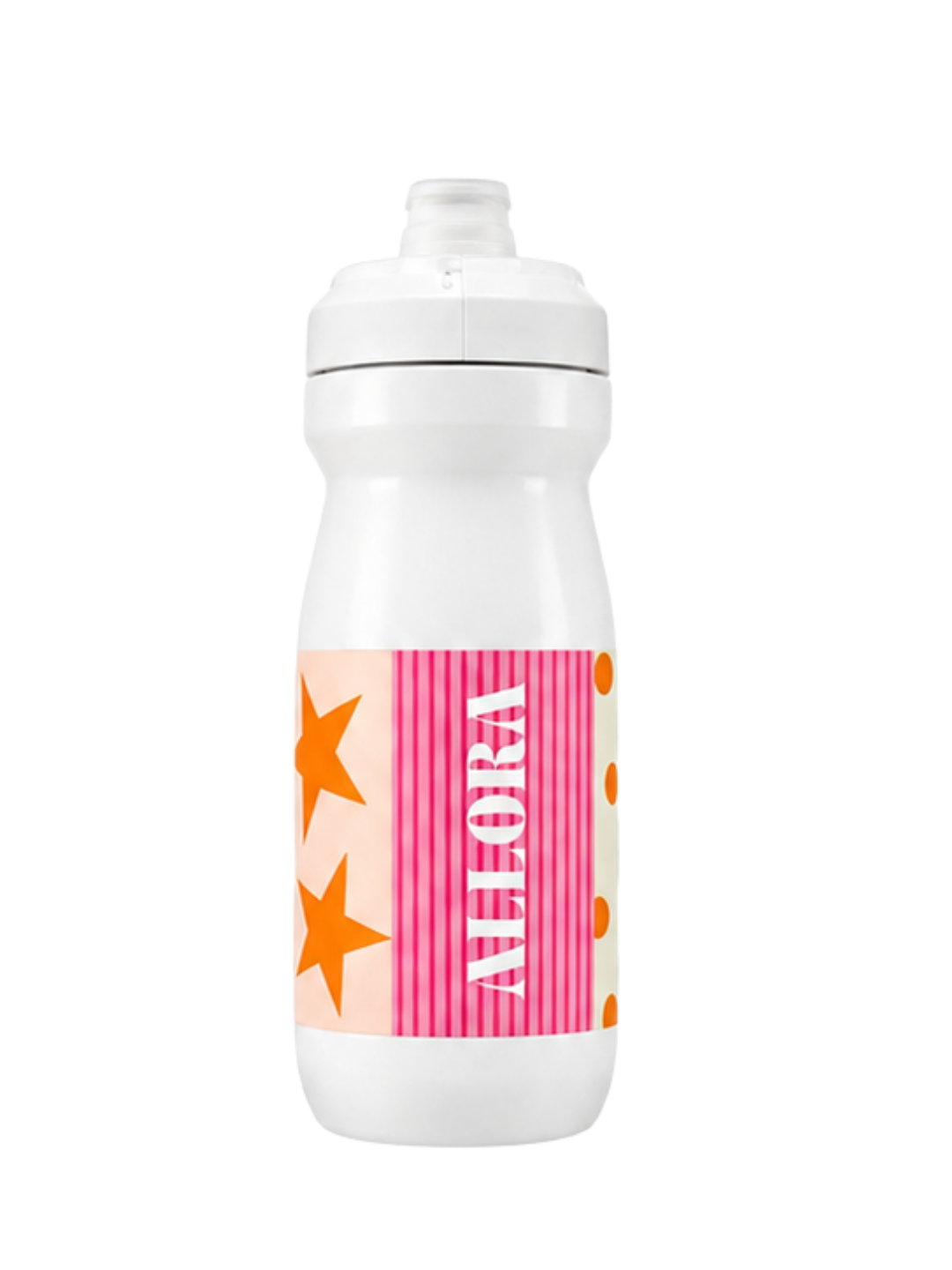 Allora water bottle with ALLORA branding and orange stars