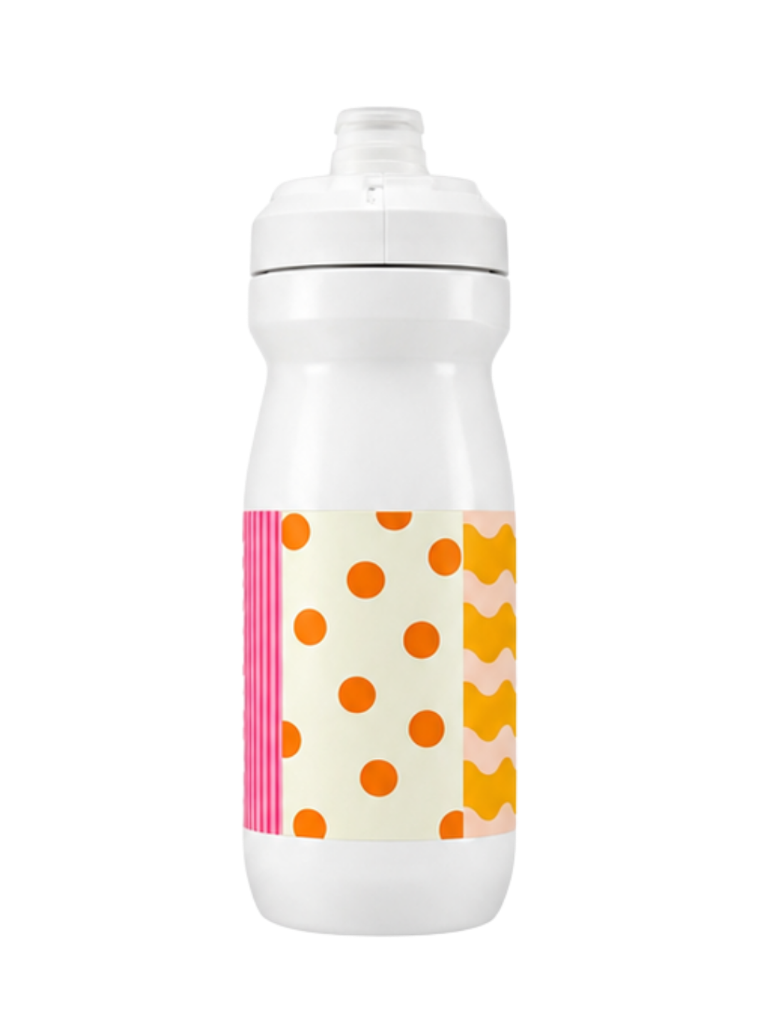 Allora water bottle with colorful dots, stripes, and waves