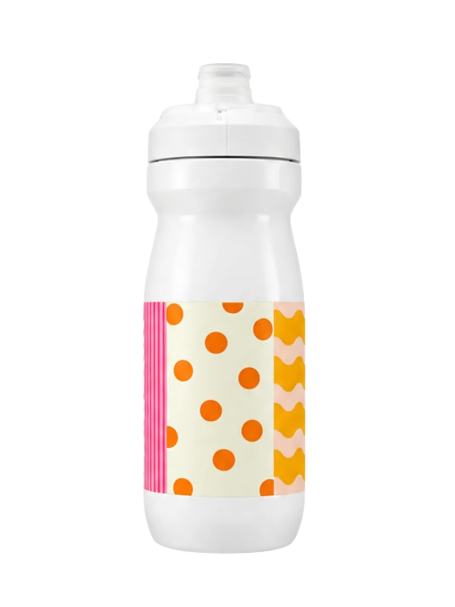 Allora water bottle with colorful dots, stripes, and waves
