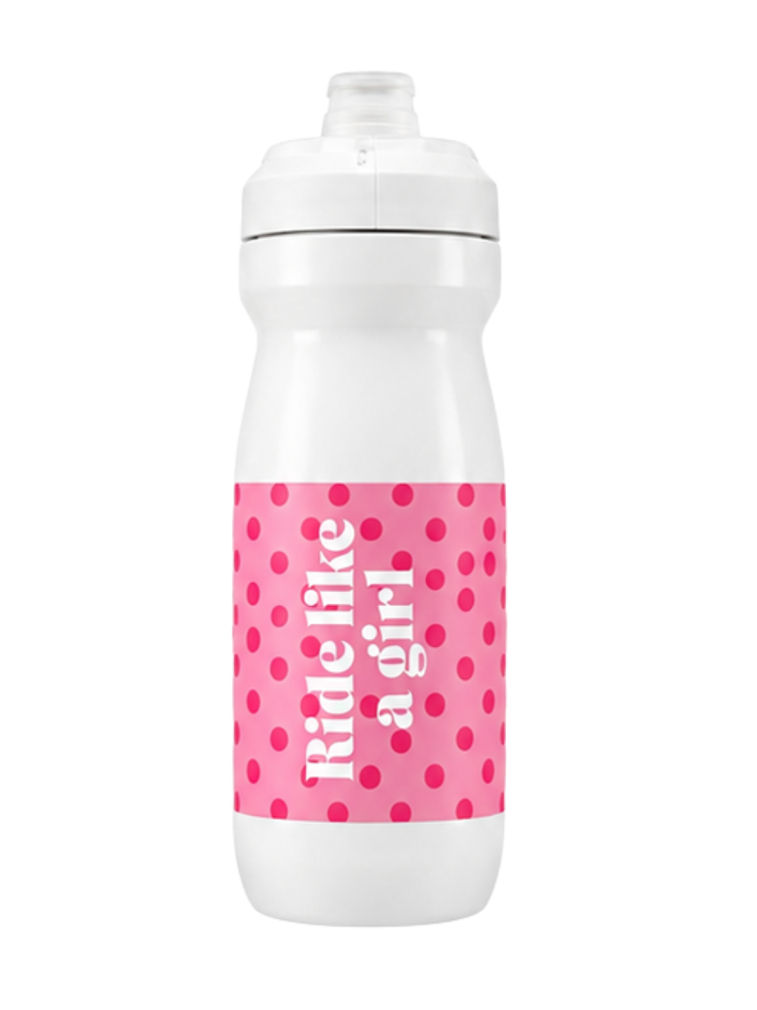 Dotty water bottle with Ride like a girl lettering