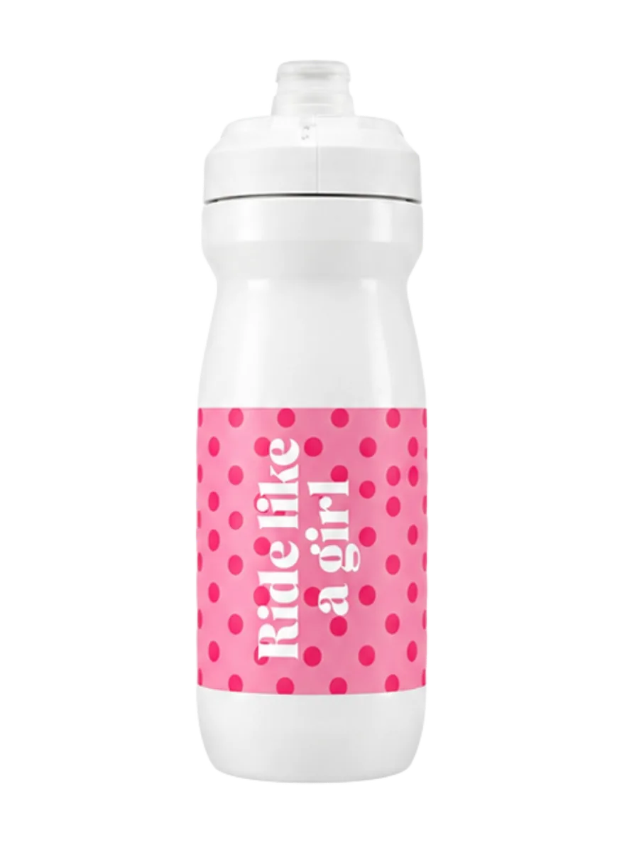 Dotty water bottle with Ride like a girl lettering