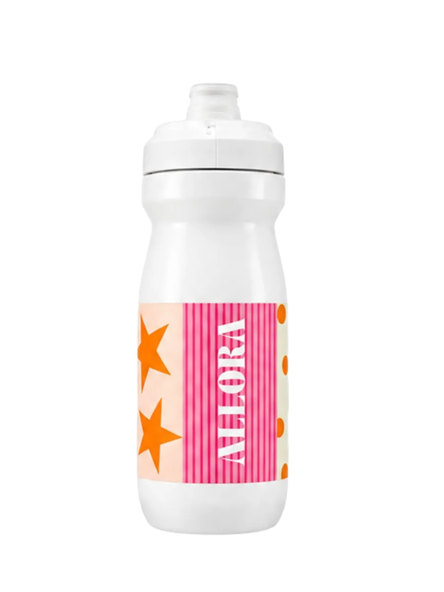 Allora water bottle with ALLORA branding and orange stars