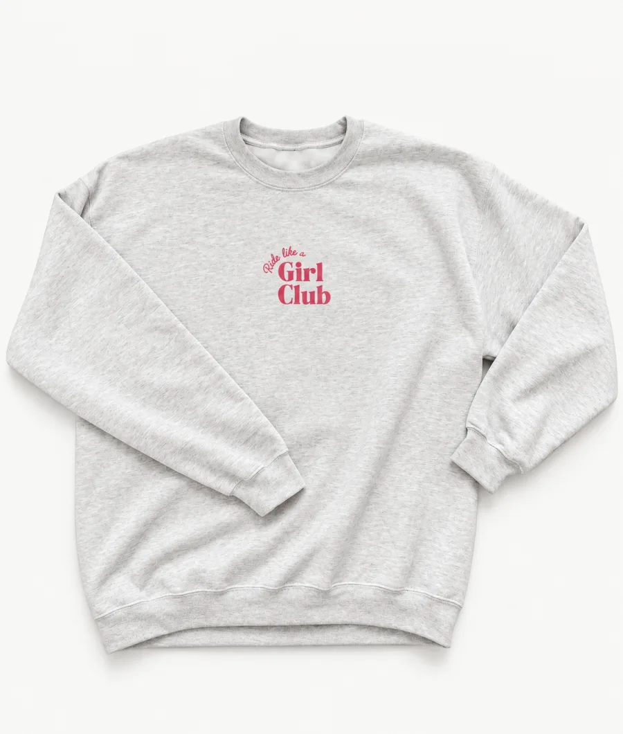 Heather grey kids' sweatshirt with pink Ride like a Girl Club lettering on the chest