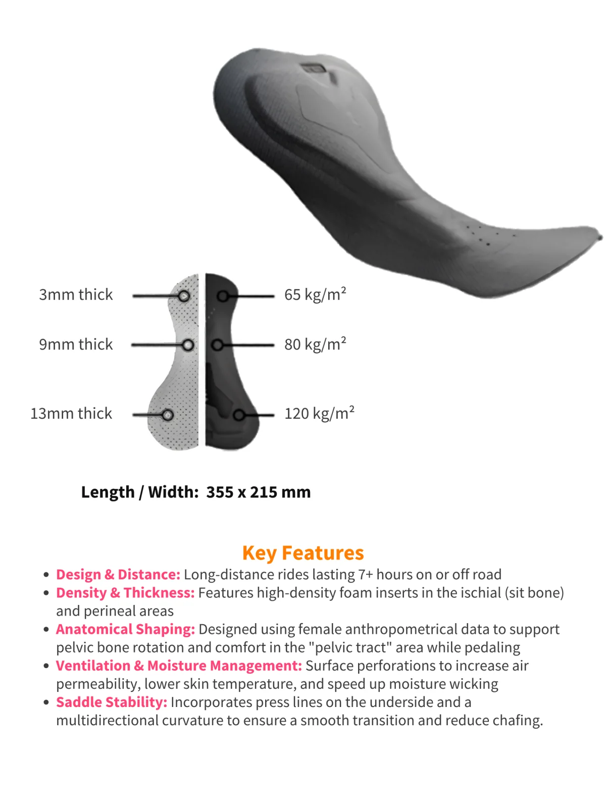 Paris chamois info sheet. Foam 3 to 13 mm thick, 65 to 120 kg/m² density, 355 × 215 mm. Made for rides of 7+ hours on or off road. High-density foam under the sit bones and perineum, shaped from female body data. Perforated for airflow and moisture wicking, with press lines and a curved shape for saddle stability and less chafing.